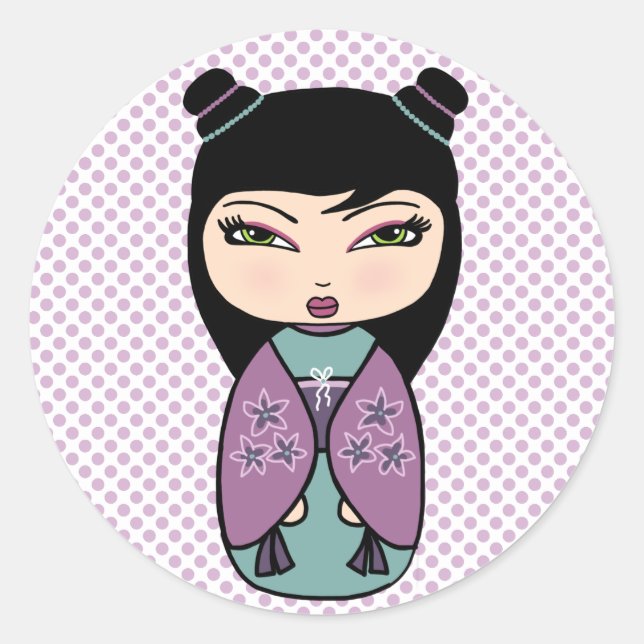 Kokeshi-Puppensticker, glänzend, 3 Zoll (Blatt mit Runder Aufkleber (Vorderseite)