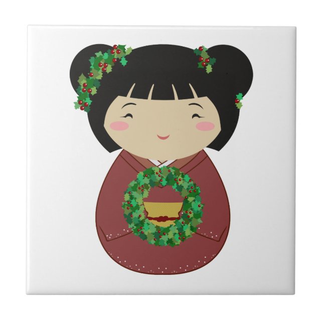 Kokeshi WeihnachtsKranz Fliese (Vorderseite)