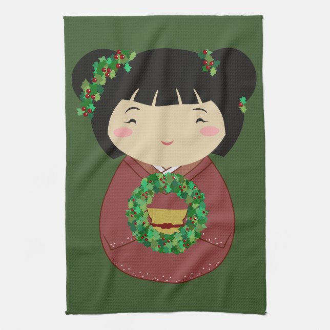Kokeshi WeihnachtsKranz Geschirrtuch (Vertikal)
