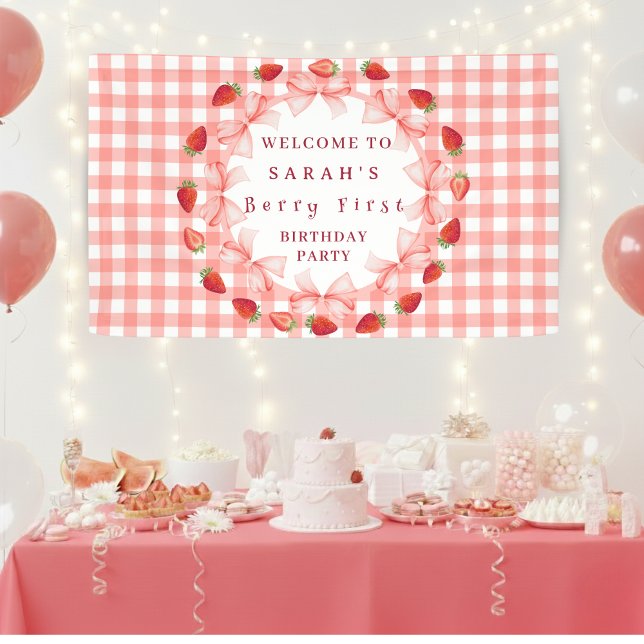 Kokette Berry erster Geburtstag Rot kariert Banner (Coquette Berry First Birthday Red Gingham Banner)