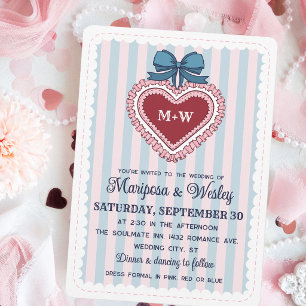 Kokette Blaue Rosa gerüschte Herz Streifen Hochzei Einladung