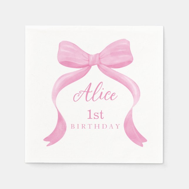 Kokette rosa Schleife Erstes Geburtstags-Serviette Serviette (Vorderseite)