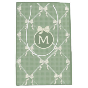 Kokette Schleifen Gingham Monogramm Creme Salbeigr Mittlere Geschenktüte