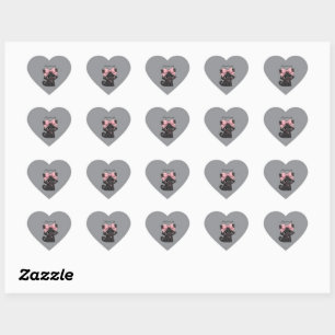 Kokette schwarze Katze rosa Schleife Herz Aufklebe Herz-Aufkleber