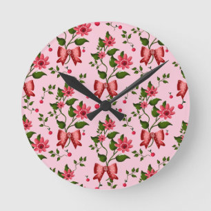 Kokette Tapete mit Blumen-Schleifen-Muster Runde Wanduhr