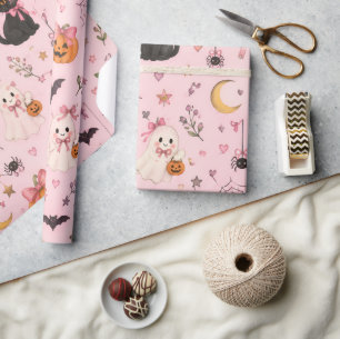 Koketten-Rosa-Halloween-Geist-Schwarze-Katze-Kürbi Geschenkpapier