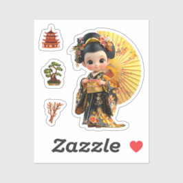 Kokishi Doll Schwarz und Gold mit Schirm. Aufkleber