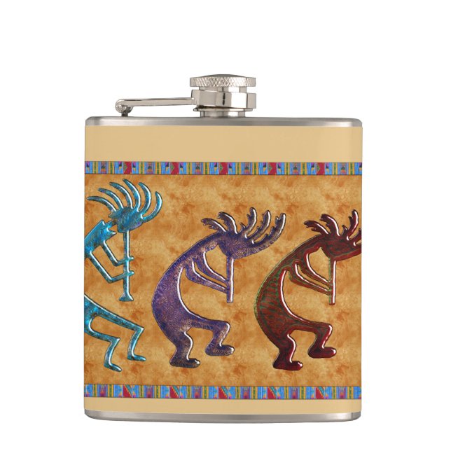 Kokopelli 3D Anasazi Native American Motif Flachmann (Vorderseite)