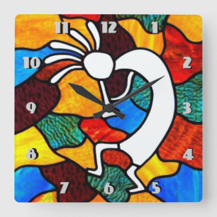 Kokopelli Buntglas Quadratische Wanduhr
