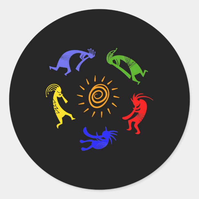 Kokopelli Colorful Sun Tancing Musicians Fortune Runder Aufkleber (Vorderseite)
