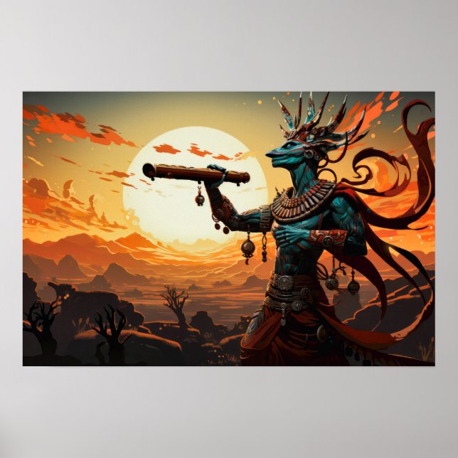 Kokopelli, die in felsigen Wüstenbergen Flute spie Poster (Vorne)