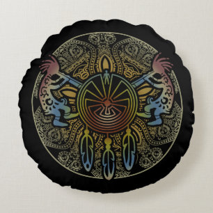 Kokopelli Duo - Mann im Maze - Dreamcatcher 1 Rundes Kissen