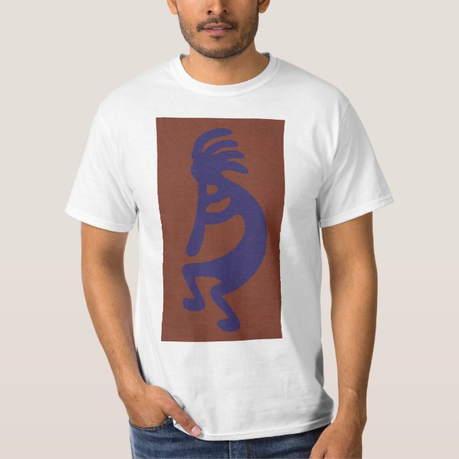 Kokopelli-Flute Abbildung: Blau auf Rot T-Shirt (Vorderseite)