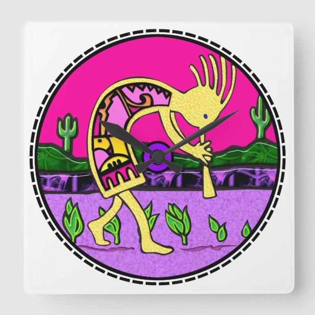 Kokopelli Flute Player Southwestern Clock Quadratische Wanduhr (Vorderseite)