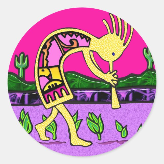 Kokopelli, Flute Spieler der Wüste Runder Aufkleber (Vorderseite)