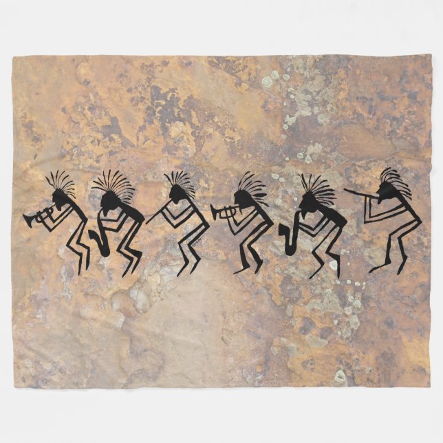 Kokopelli Horn-und Flötenspieler-Petroglyphe Fleecedecke (Vorderseite (Horizontal))