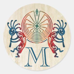 KOKOPELLI / MAN IN DER MAZE + Ihr Monogramm Runder Aufkleber