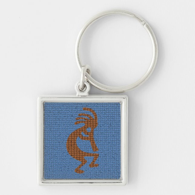Kokopelli mit Flute Blue Mosaic Southwest Schlüsselanhänger (Vorne)