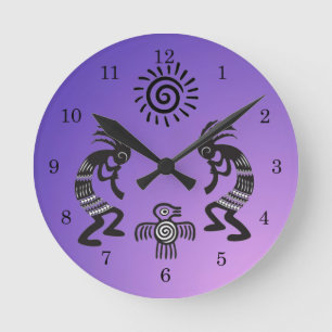 Kokopelli mit Indianersonne und Indianervogel Runde Wanduhr