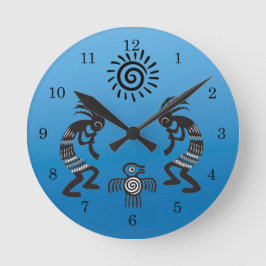 Kokopelli mit Indianersonne und Indianervogel Runde Wanduhr