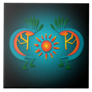Kokopelli mit Sun Aquamarin Design 6" Fliese