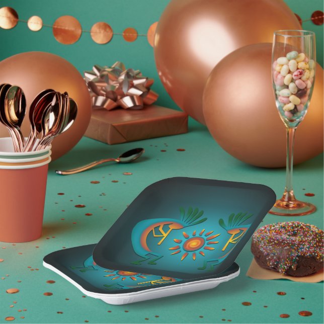 Kokopelli mit Sun Aquamarin Design 7" Sq Paper Tel Pappteller (Multi)