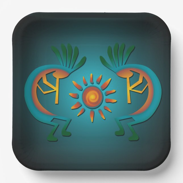 Kokopelli mit Sun Aquamarin Design 9" Sq Pappteller (Vorderseite)