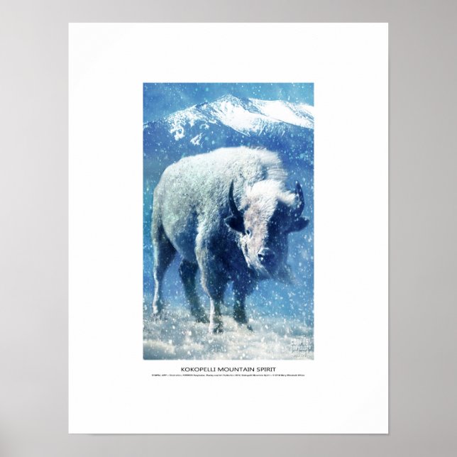 Kokopelli Mountain Spirit, white buffalo in snow Poster (Vorne)