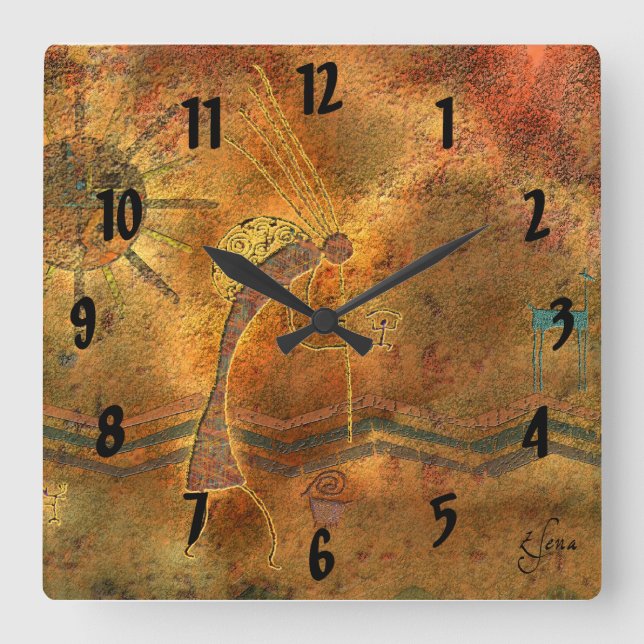 Kokopelli Rock Art Quadratische Wanduhr (Vorderseite)