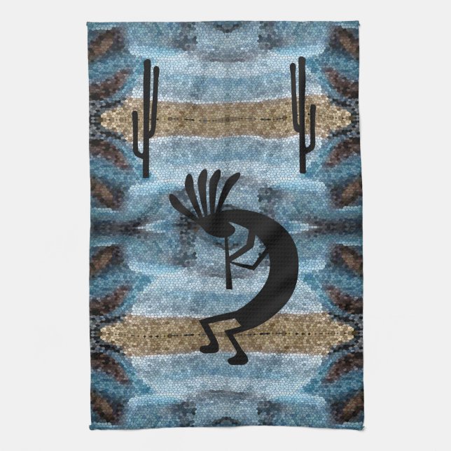 Kokopelli Southwest Desert Blue 2 Mosaik Geschirrtuch (Vertikal)