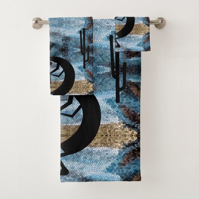 Kokopelli Southwest Desert Blue Mosaic 2 Badhandtuch Set (Insitu)