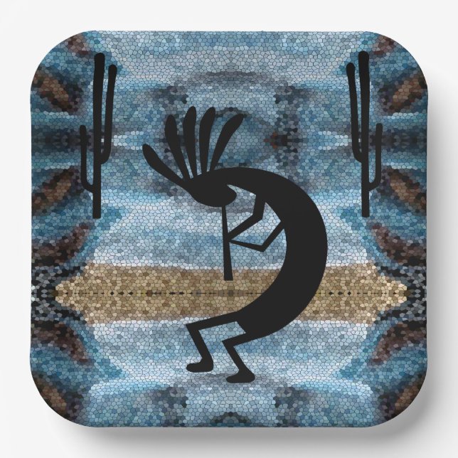 Kokopelli Southwest Desert Mosaic Blue 9" Pappteller (Vorderseite)