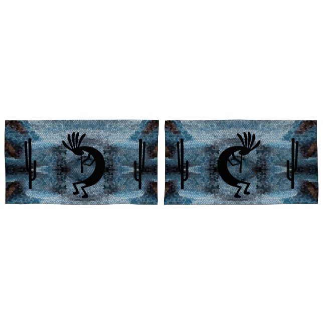 Kokopelli Southwest Desert Mosaic Blue King Set Kissenbezug (Vorderseite-Set)