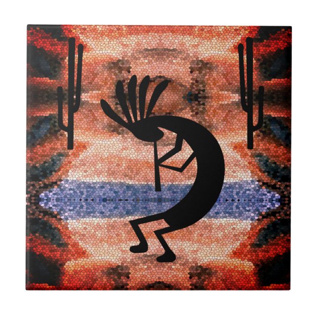 Kokopelli Southwest Desert Mosaic Sunset Keramik T Fliese (Vorderseite)