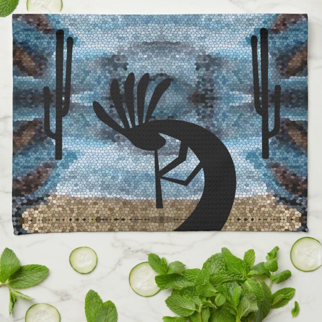 Kokopelli Southwest Wüste Blue Mosaic Geschirrtuch (Gefaltet)