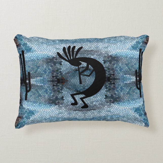 Kokopelli Southwest Wüste Mosaic Blue Dekokissen (Vorderseite)