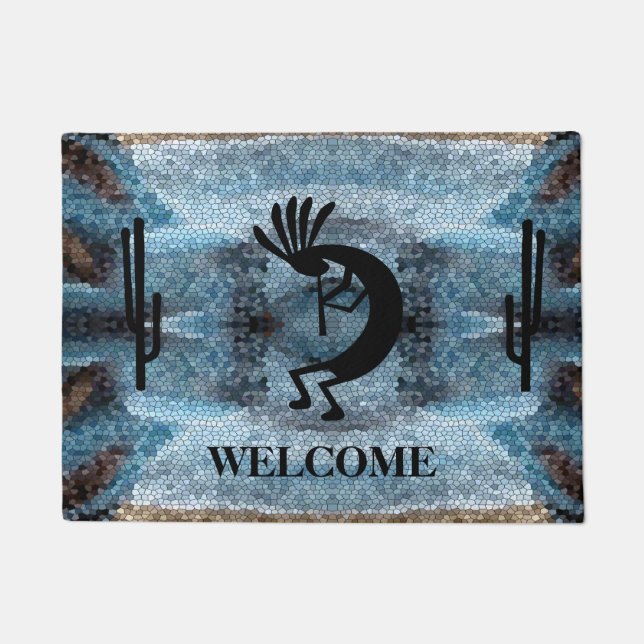 Kokopelli Southwest Wüste Mosaic Blue Fußmatte (Vorderseite)