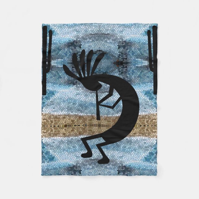 Kokopelli Southwest Wüste Mosaic Blue Small Small Fleecedecke (Vorderseite)
