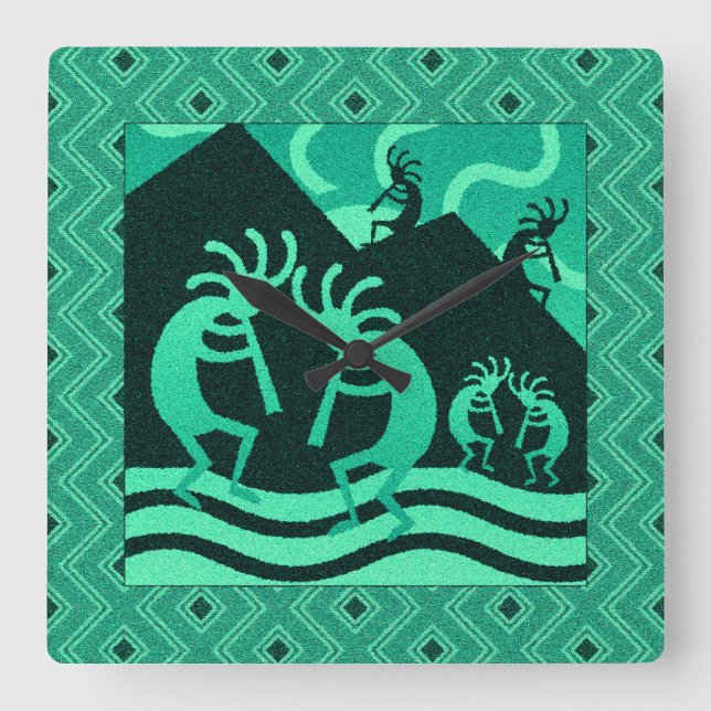 Kokopelli Südwest Türkis und Schwarz Quadratische Wanduhr (Vorderseite)