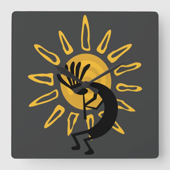 Kokopelli Sun Southwest Gold Clock Quadratische Wanduhr (Vorderseite)