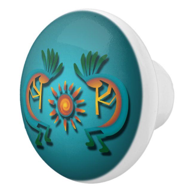 Kokopelli Sun Southwest Türkis Door Knob Keramikknauf (Rechts)