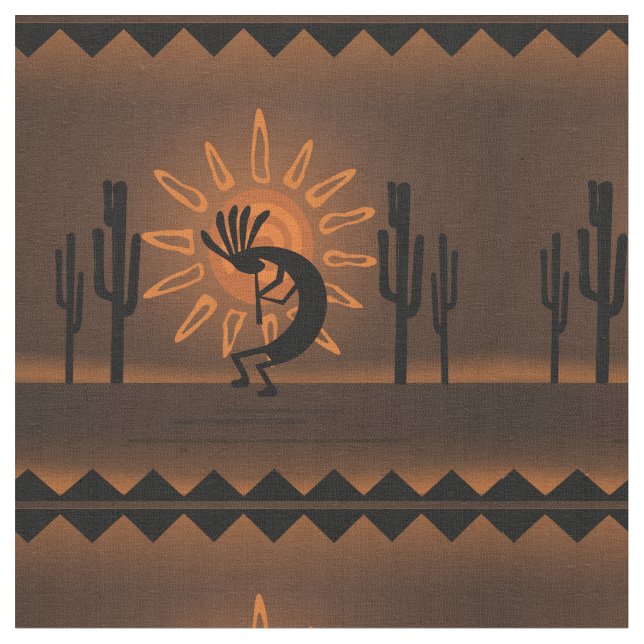 Kokopelli Sun Südwestwüste Rustikale Brawn Stoff (Nahaufnahme)