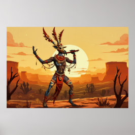 Kokopelli tanzt Flute auf der Wüstenebene Poster