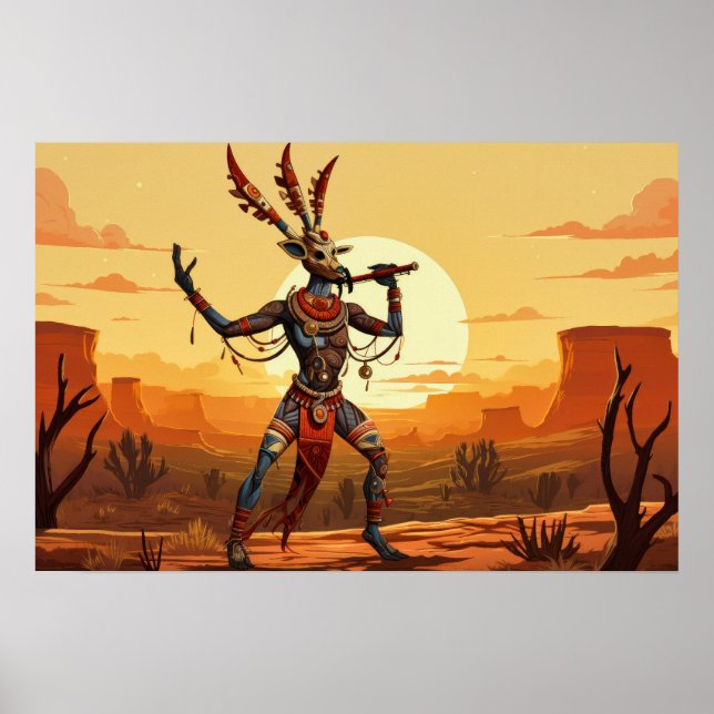 Kokopelli tanzt Flute auf der Wüstenebene Poster (Vorne)