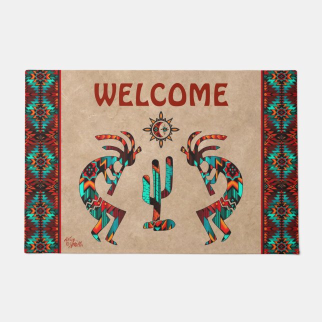 Kokopelli und Kakteen willkommen Fußmatte (Vorderseite)