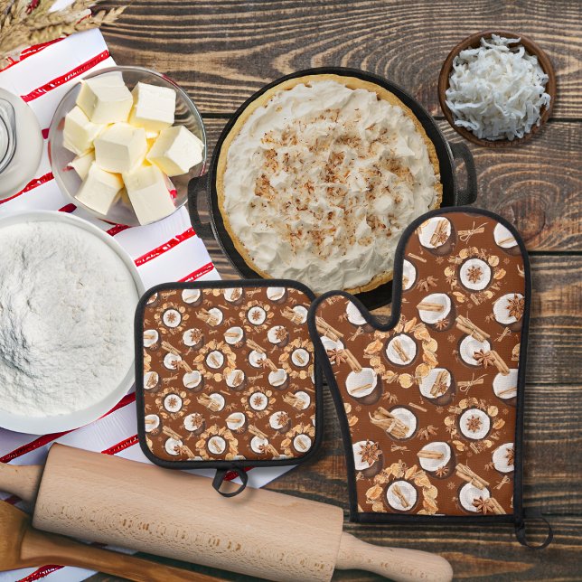 Kokosnüsse und Gewürze braun Ofenhandschuh & Topflappen-Set (Von Creator hochgeladen)