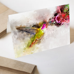 Kolibri beim Füttern an rosa Blüte Aquarell Dankeskarte