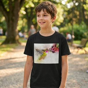 Kolibri beim Füttern an rosa Blüte Aquarell T-Shirt