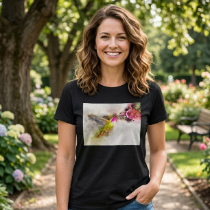Kolibri beim Trinken von rosa Blüten Aquarell T-Shirt