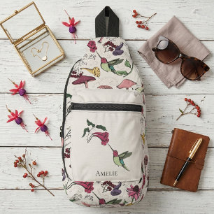 Kolibri Blumen Custom Name Beige Modern Crossbody Bag